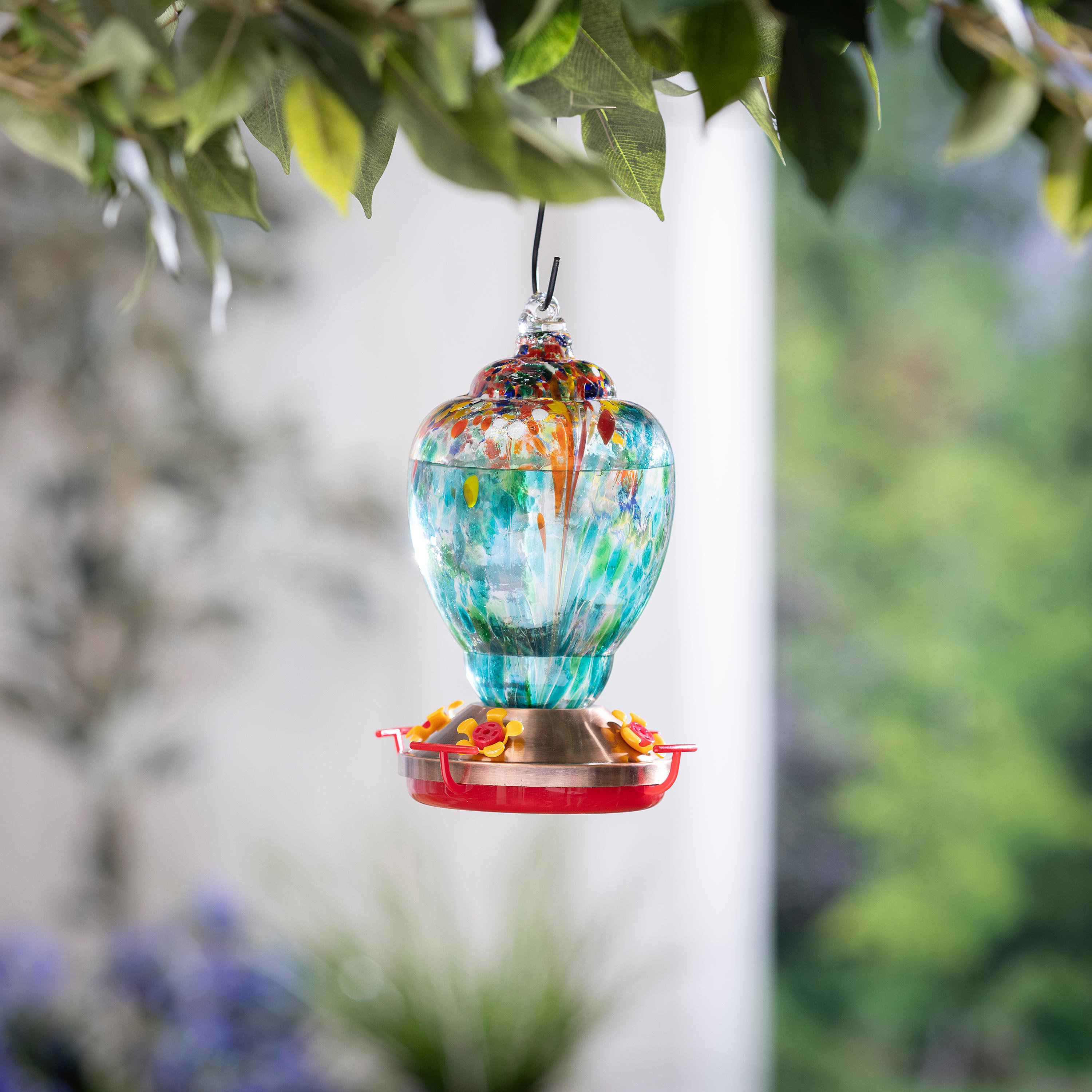 Arlmont & Co. Art Glass Shell Hummingbird Feeder, Blue | Wayfair