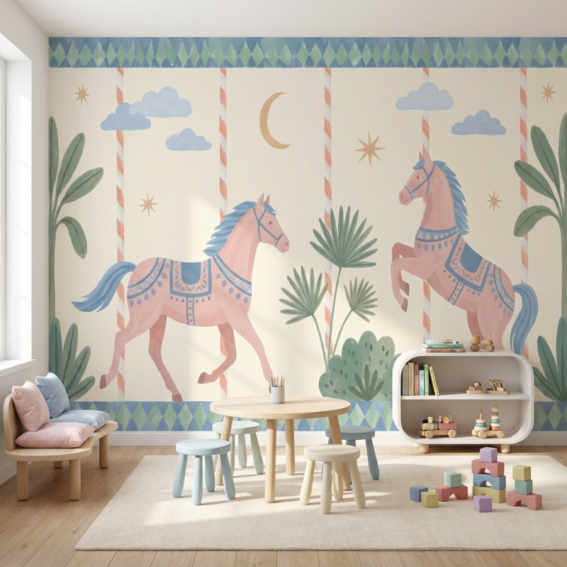 Décoration murale amovible géométrique papier peint à motif de chevaux fantaisistes, 140"x108", Peler et coller