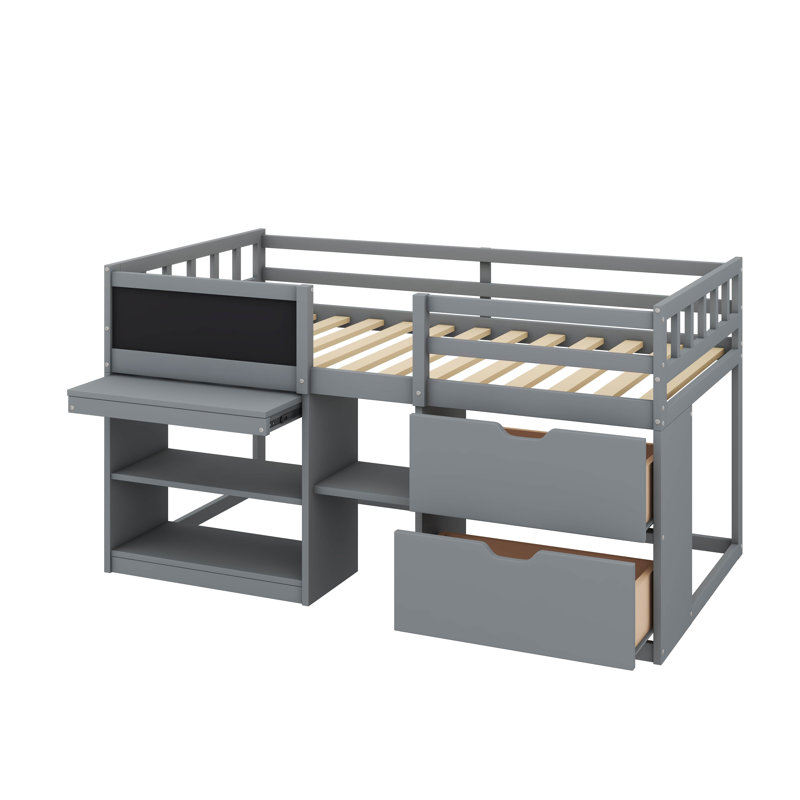 Lit mezzanine compacte simple avec tablette de bureau mobile et tiroirs, Gris