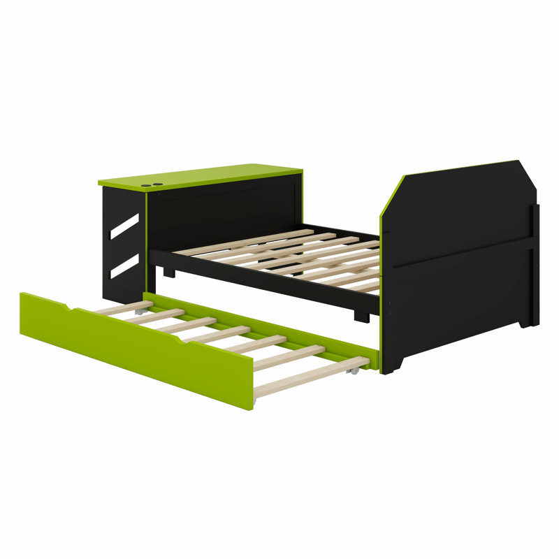 Wood Daybed With Trundle,Desk And USB, Green/Black