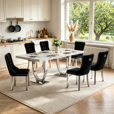 70.8" Faux Marble Dining Table Set with Tufted Velvet Upholstered Chairs, , Modern Rectangular Kitchen & Dining Room Table with Stainless Steel Pedestal