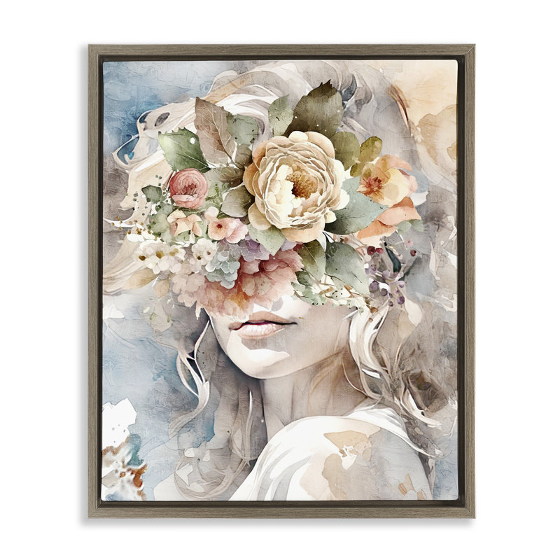 Portrait floral de fille, H 21 po x l 17 po, Cadre flottant orme Montalcino