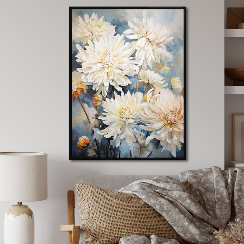 «Beige Mums In Bouquet Bliss I», reproduction sur toile, Cadre flottant noir, 32" H x 16" W