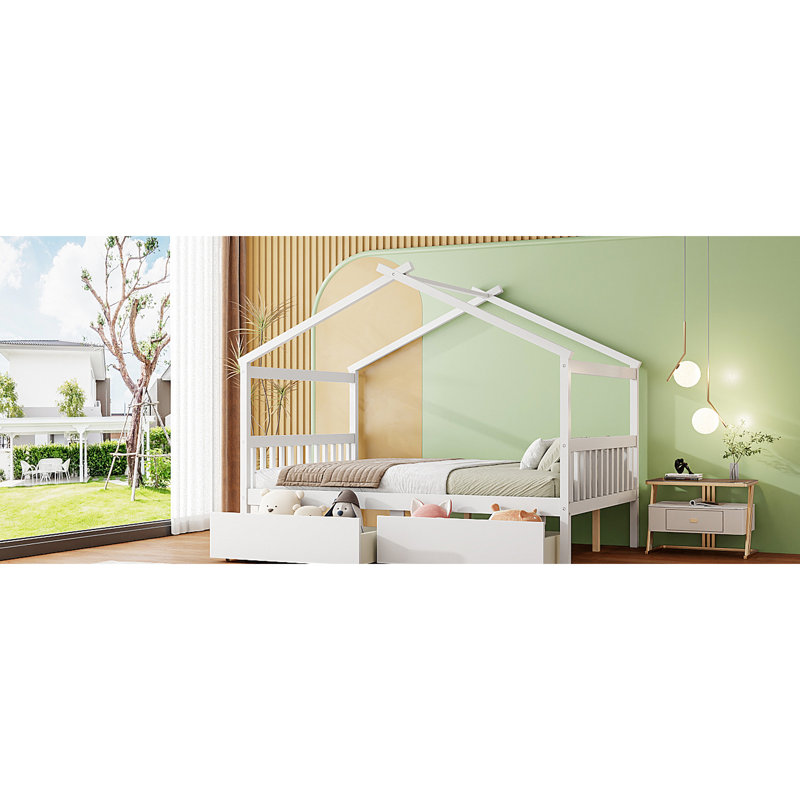 Lit double en bois blanc avec tiroirs, construction solide, toit en ciel, espace de rangement, 2 têtes de lit pour structure en pin robuste, vêtements créatifs,