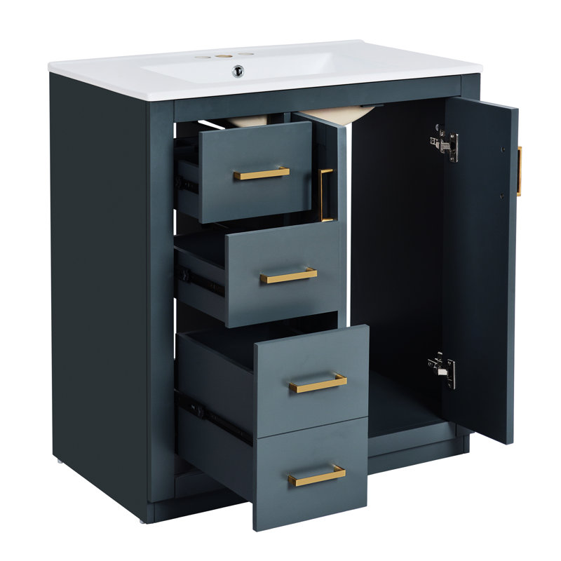 Ensemble de meuble-lavabo en céramique 30 po à 3 tiroirs et 2 portes à fermeture douce, Doré, Bleu