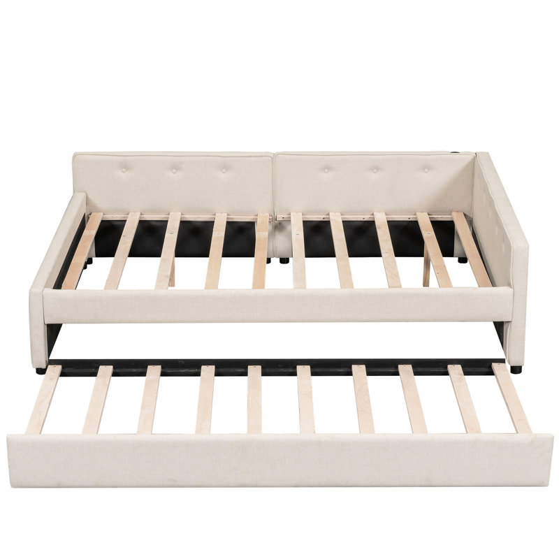 Upholstered Platform Bed In Beige With And Twin Size Trundle - Strong Construction, No Box Spring For A Warm Bedroom Feeling Full Wood, Romantic Atmosphere
