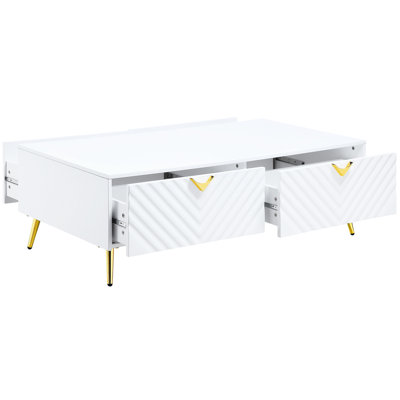 Table basse moderne blanche - 4 tiroirs et fabrication en métal avec cadre de rangement