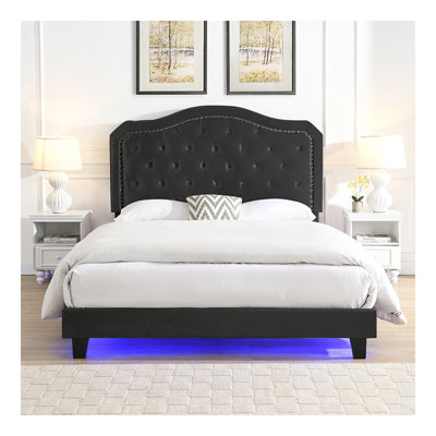 Bouton de lit rembourré capitonné avec un design incurvé - Support en lattes de bois massif - Assemblage facile - Velours noir - Avec lit plateforme à DEL - Grand