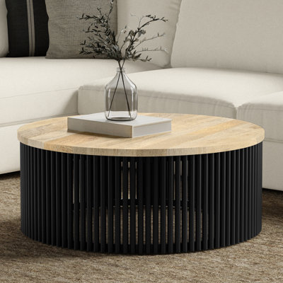 Demy 35"W Solid Wood and Metal Industrial Contemporary Round Coffee Table with Sculptural Base and Powder Coated Frame