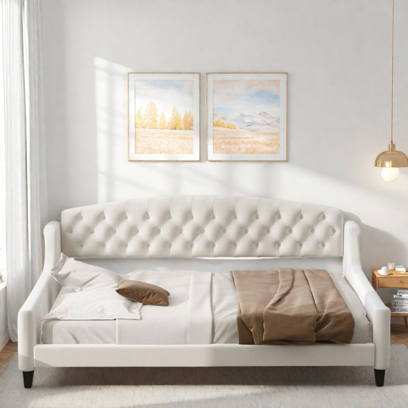 Modern Daybed With Tufted Button And Solid Legs, Beige