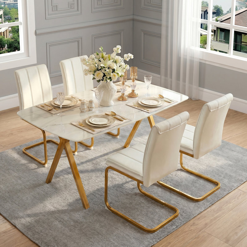 Ensemble de table de salle à manger rectangulaire, table de cuisine moderne avec chaises, Blanc / Doré, Or