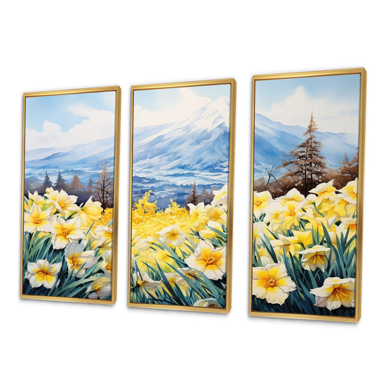 Daffodils Charm In Mountain - Ensemble de salon d'art mural jonquilles, Cadre flottant doré, H 40 po x l 60 po x P 1 po