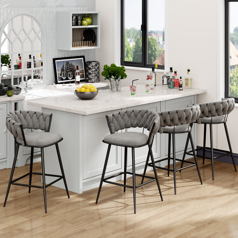 Upholstered Counter & Bar Stool With Curved Weaving Design (Set Of 4), Counter Stool (26" Seat Height), Black, Gray