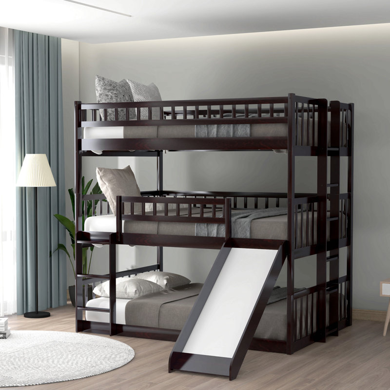 Full-Over-Full-Over-Full Triple Bed With Built-In Ladder And Slide , Triple Bunk Bed With Guardrails