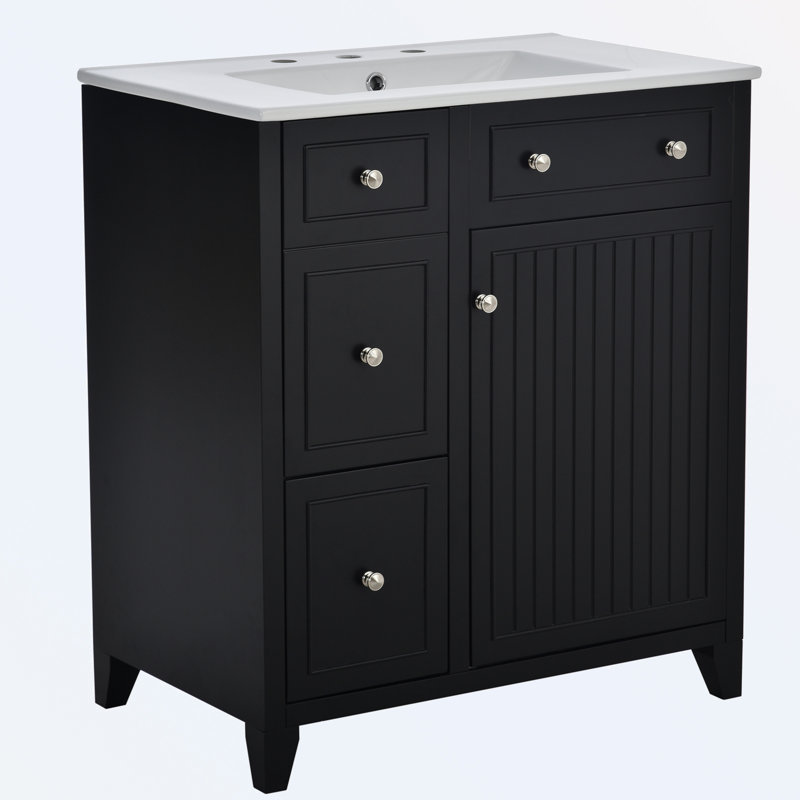 Bathroom Vanity Cabinet with Ceramic Basin, Double-Layer Drawer, Black