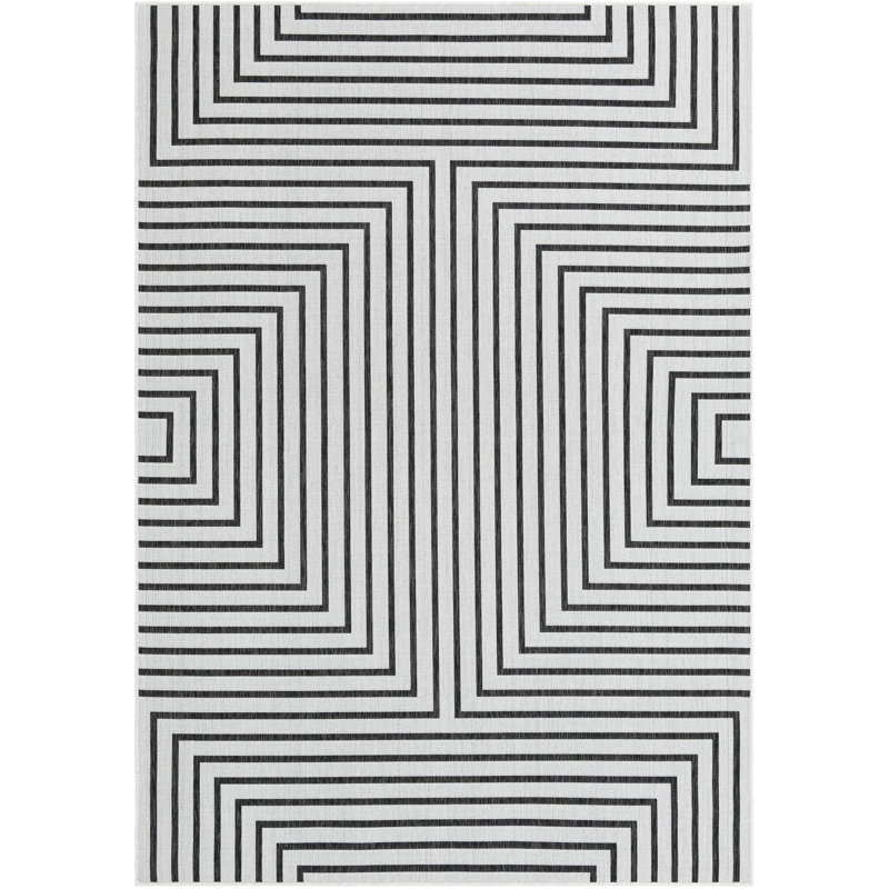 Tapis contemporain de couleur blanche et noire Odawa, Rectangle 7 pi 1 po x 10 pi