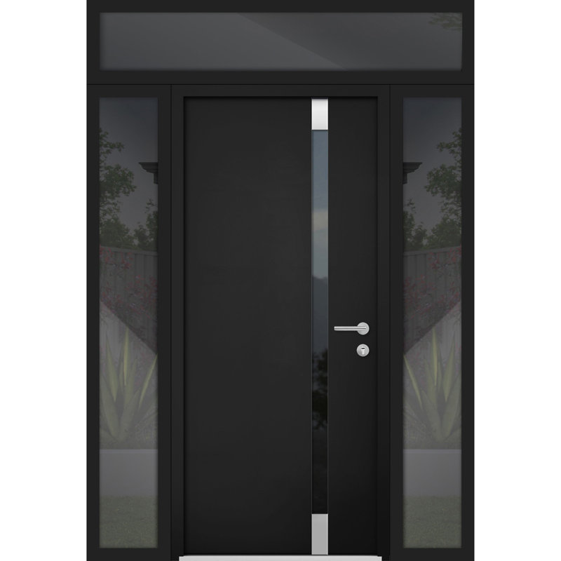 Porte d'entrée extérieure pré-montée en acier Cynex 6777 noire, avec 2 fenêtres latérales et supérieures, inserts en acier inoxydable, style moderne, peinte, dimensions : L 12 + 32 + 12 x H 80 + 16, ouverture à gauche vers l'extérieur.