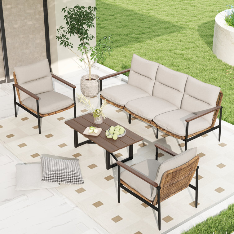 Berklee 4-Piece Aluminum Wicker Patio Conversation Set With 3-Seat Sofa, Coffee Table And Light Gray Cushions