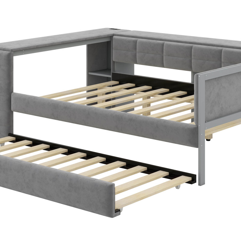 Lit plateforme tapissier pleine grandeur en velours avec tablettes de rangement, bureau intégré, station de charge USB et lit gigogne simple