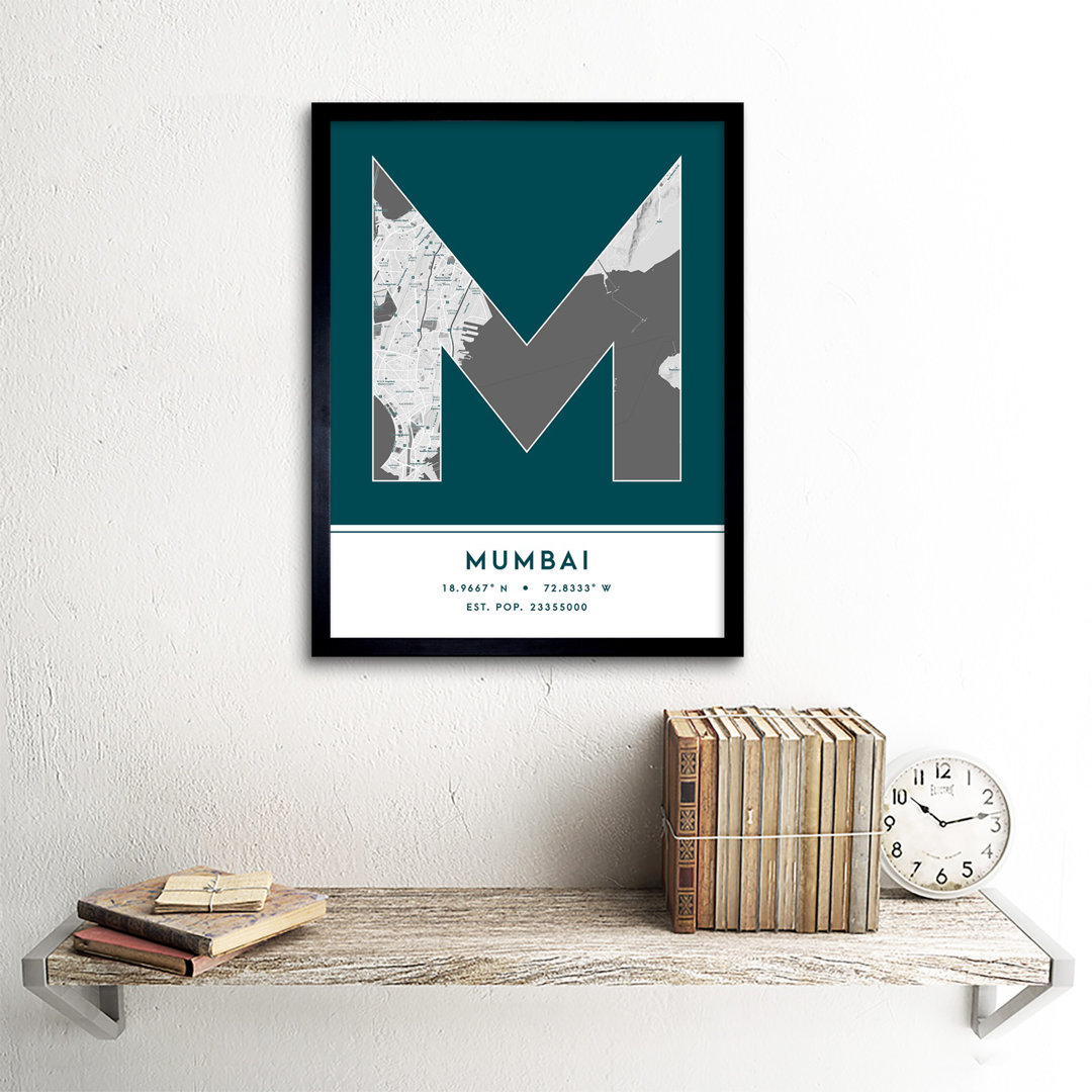 Mumbai India City Map Teal - Picture Frame Typography