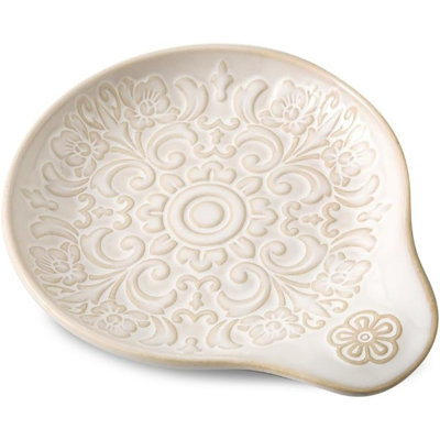 Farmhouse Ceramic Spoon Rests Holder for Kitchen Counter Stove Top (White)