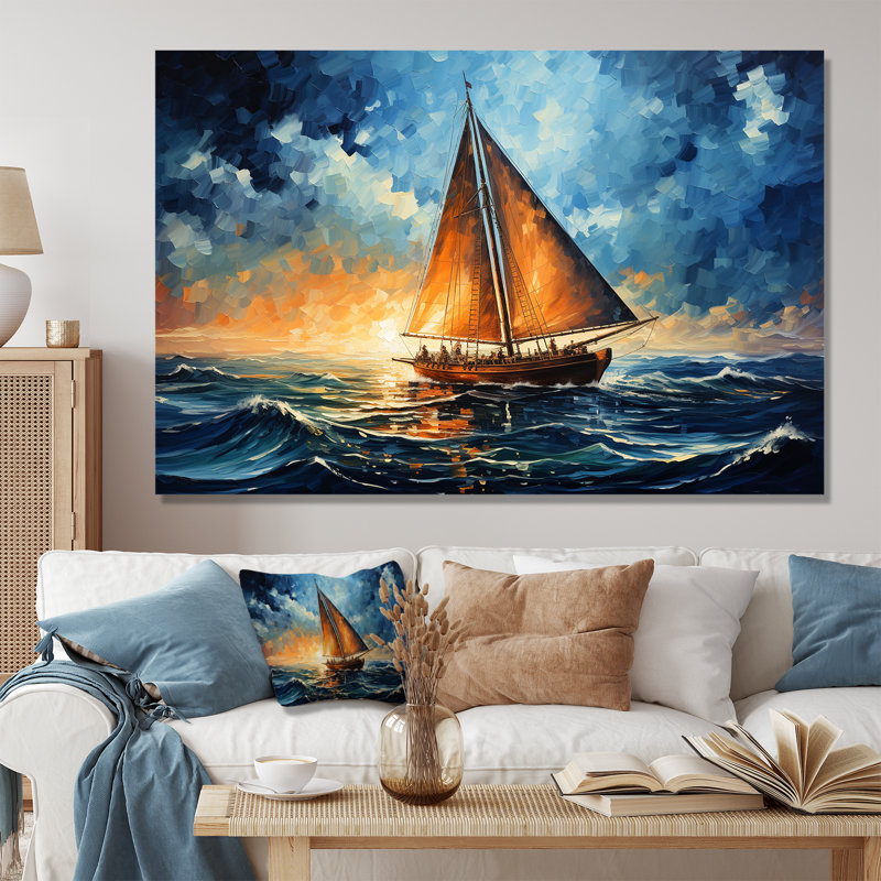Moonlight Saiboat Horizon IV - Bateau à voile, art mural, Cadre d'angle fermé noir, H 34 po x l 44 po x P 1,5 po