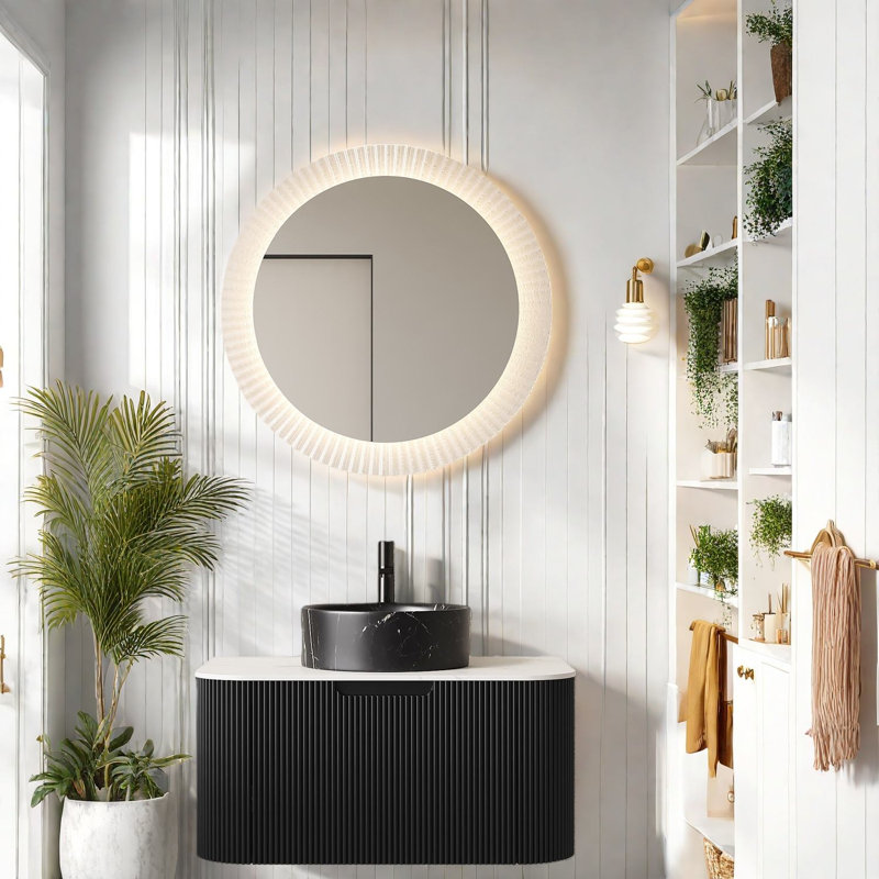 Élégant meuble-lavabo noir en pierre avec lavabo, solution de rangement moderne