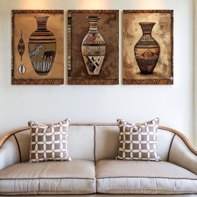 3 Pieces African Tribal Vase Large Wall Art with Zebra, Three Pieces Wall Art for Living Room, Bedroom, and Office Decor, Ready to Hang, Gallery Style