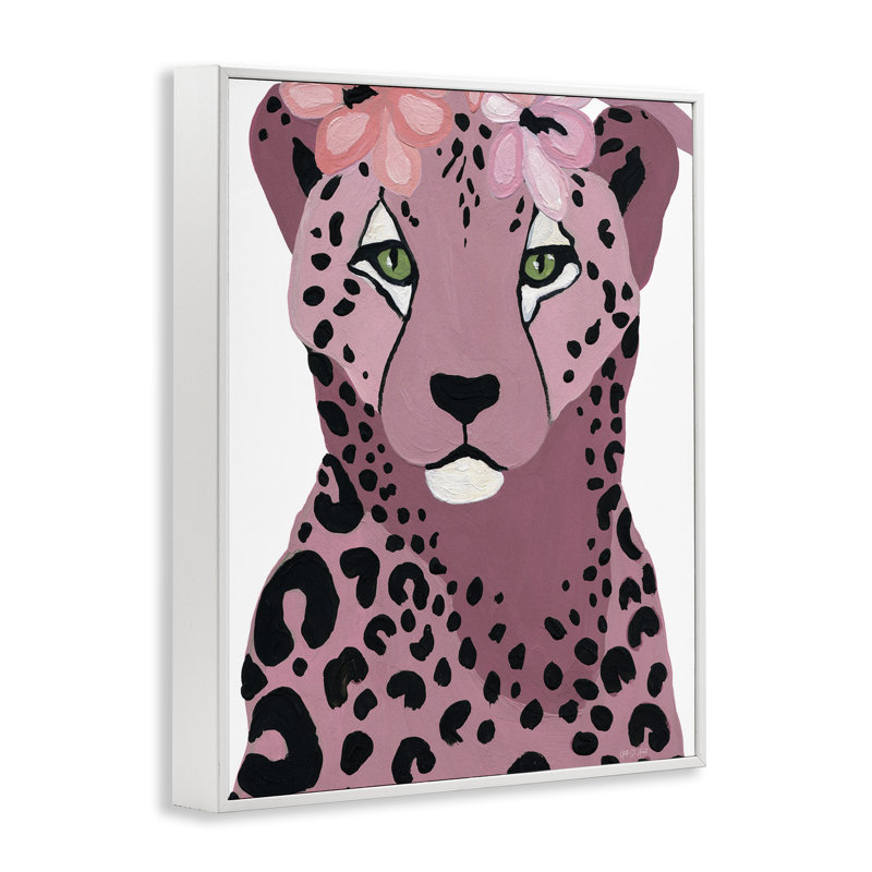 Guépard avec des fleurs roses, art de la giclée encadrée par Yvette St. Amant, Giclée encadrée blanc bord de mer