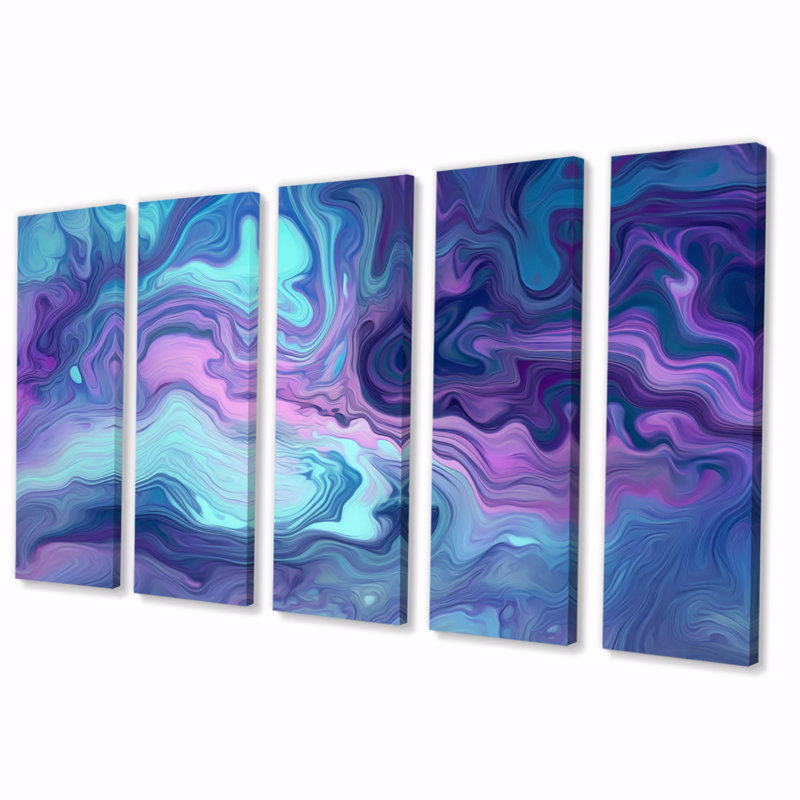 Turquoise mauve marbré fusion II - impression sur toile abstraite - 5 panneaux égaux