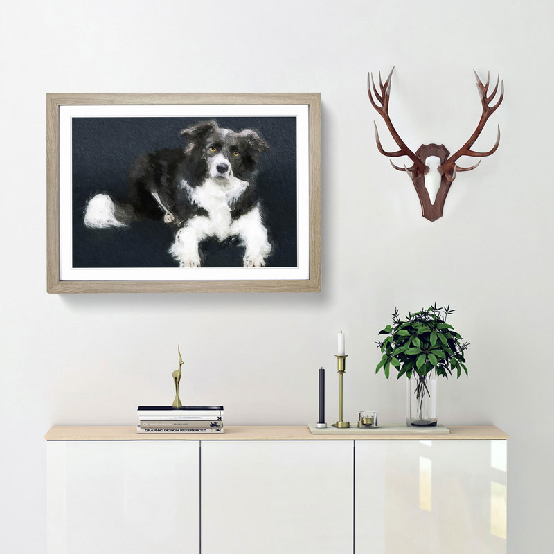 Resting Border Collie Dog - Picture Frame Painting Print, Oak Framed, 27cm H x 36cm W x 2cm D