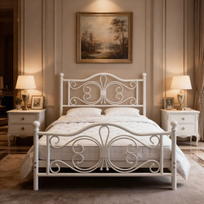Full Metal Platform Bed with Butterfly-Style Headboard and Footboard, Under-Bed Storage, Easy Assembly, White