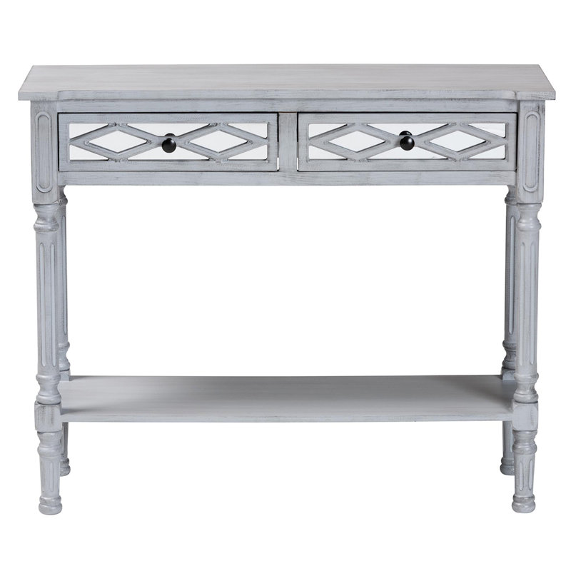 Gray Wood and Mirrored Glass 2-Drawer Console Table with Storage Shelf