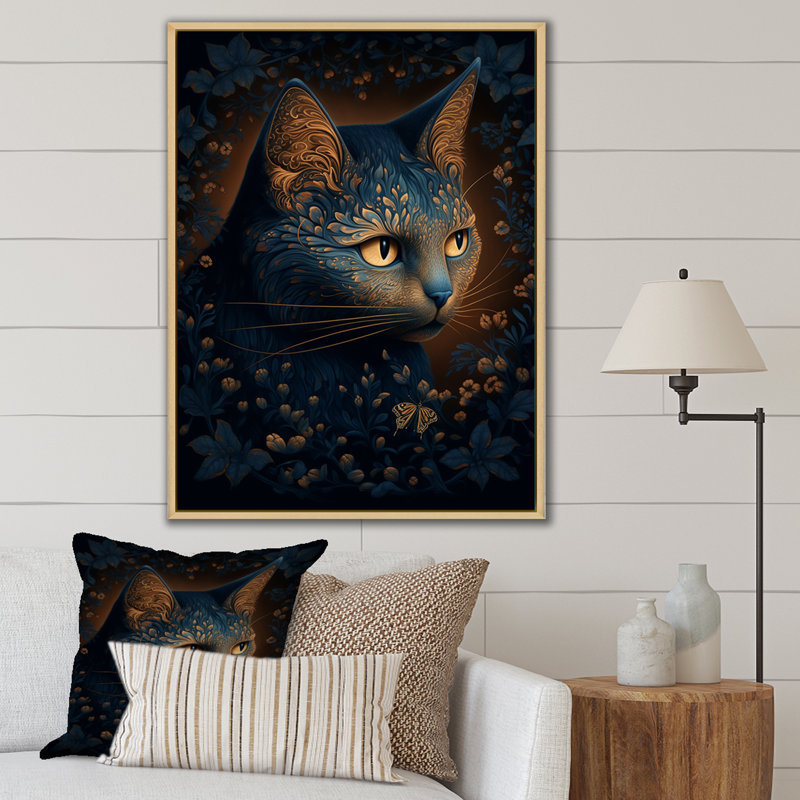 Chat rétro bleu parmi des fleurs I, H 32 po x l 24 po x P 1 po, Cadre naturel flottant