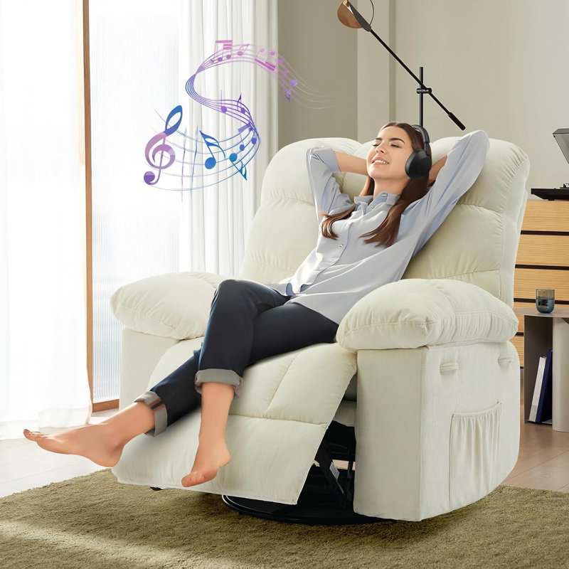 Rocking Recliner Chair, 360° Swivel Rocker Chair, Upholstered Fabric Glider Nursery Chair, Beige