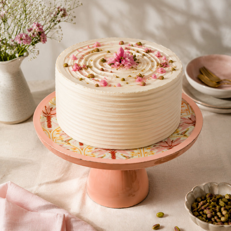 Présentoir à gâteaux en bois de manguier avec plateau floral rose 10,5 po