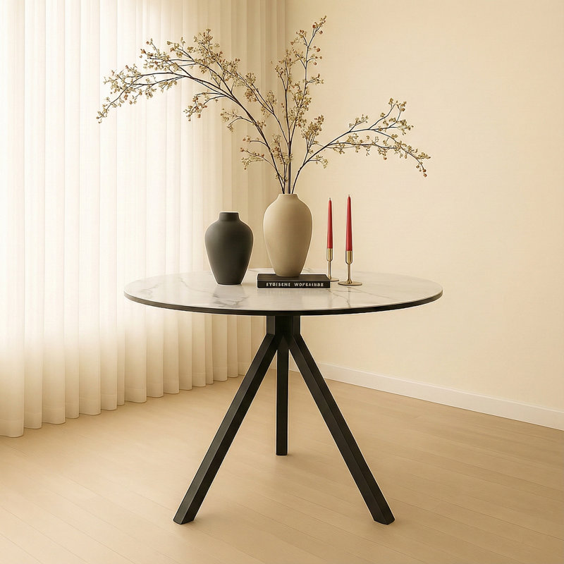 Table de salle à manger ronde 31,5 po style marbre blanc avec base trépied noire - table bistro moderne
