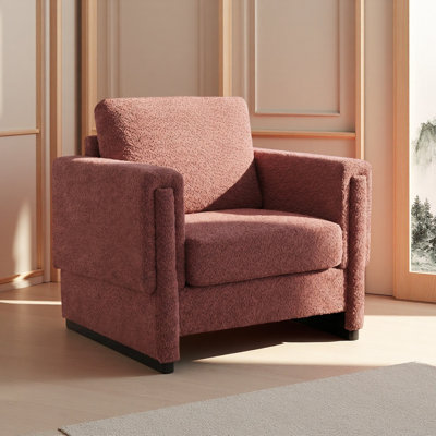 Upholstered Accent Armchair with Solid Wood Armrests, Boucle Fabric Square Arm Club Chair with Thick Cushion, Modern Sled Base Side Chair for Living R