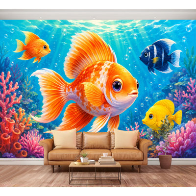 Wall Mural Peel and Stick Wallpaper Vibrant Goldfish Tropical Fish Coral Underwater Scene Self-Adhesive Removable Contact Paper Wall Decor for Living Room Bedroom 100"H x 144"W