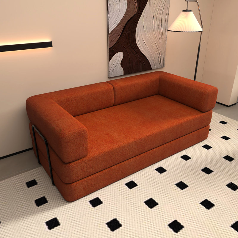 3 places, canapé-lit pliant, velours côtelé orange, lit convertible, plancher, structure de forme fixe, accoudoirs carrés, rembourrage en mousse à mémoire de forme