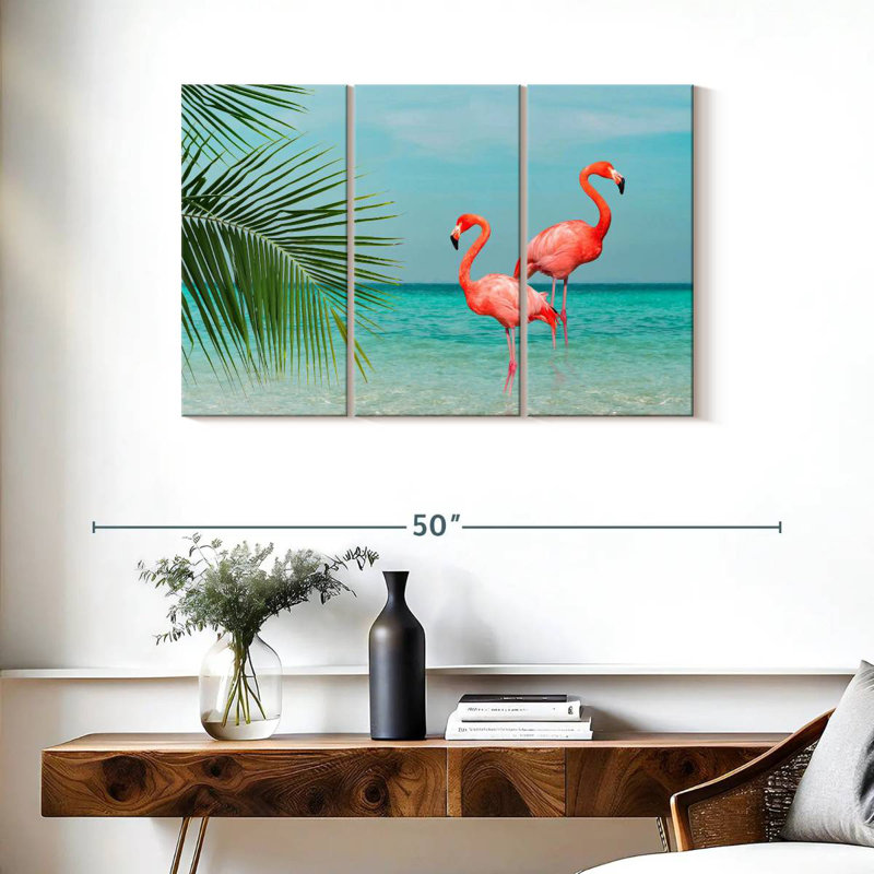 Flamants roses et feuilles de noix de coco, H 24 po x l 38 po