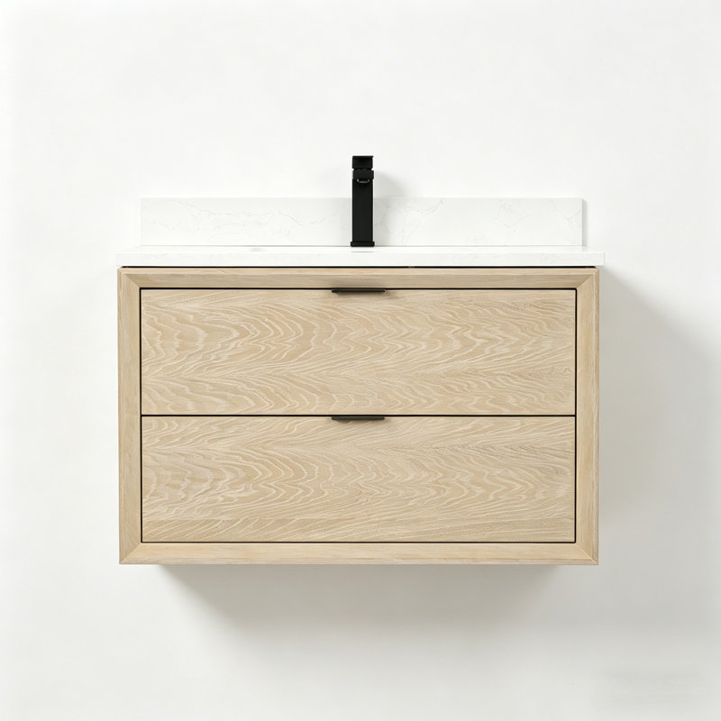 36" Transitional Floating Single Sink Solid Wood Natural Oak Bath Vanity with Engineered Marble Top, White Washed Oak
