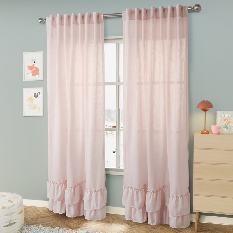 Linen Texture Double Ruffle Semi Sheer Back Tab Pair (2 Panels), 52" W x 63" L, Pale Coral
