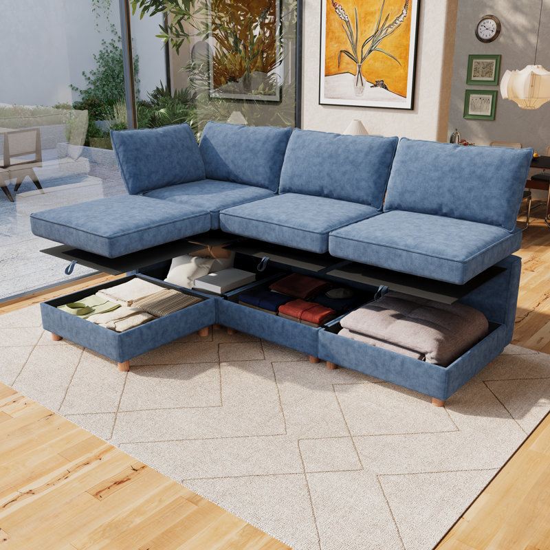 Ensemble de canapé-lit modulaire 4 places Nestora avec rangement dissimulé et sièges flexibles, Bleu