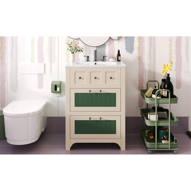 Meuble-lavabo moderne 24 po avec lavabo en céramique, 2 tiroirs et armoire de rangement en bois massif