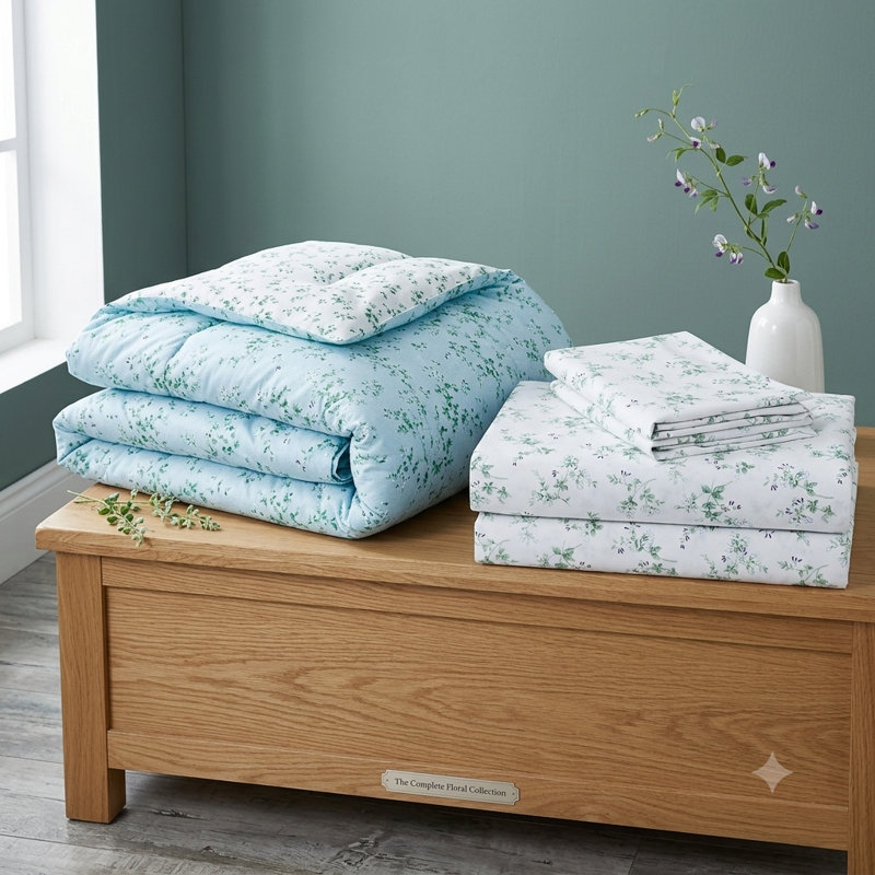 Ensemble de couette réversible 7 pièces en coton naturel Brooklyn Blue Floral, taille King