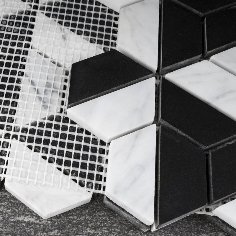 Carrelage mosaïque en marbre poli géométrique Thunder 12,01 po x 12,01 po, Noir / blanc