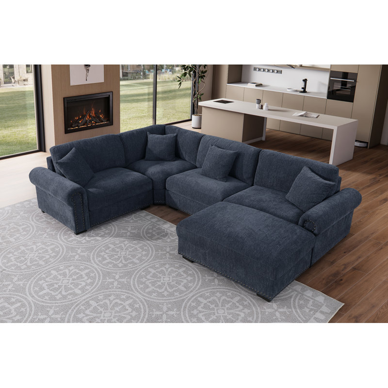 Errett Upholstered 5-Seat Roller Arms Cloud Corner Sectional Sofa, Dark Blue Polyester