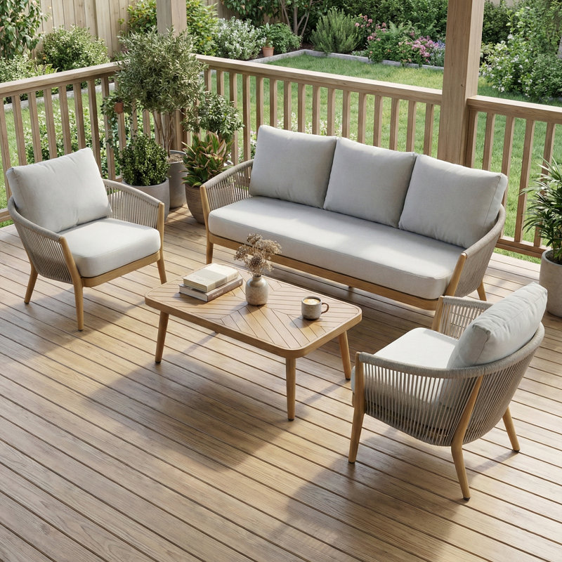 Turin 5-Piece Outdoor Conversation Set with Sunbrella Cushions, Hand-Brushed Wood-Grain Aluminum Frame, Hand-Woven Rope Sofa Group for Patio & Poolside