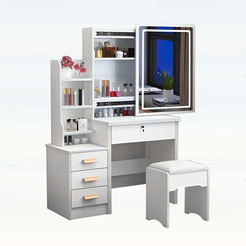 Élégant meuble-lavabo avec miroir à DEL réglable et 4 tiroirs, parfait pour le maquillage et le rangement dans n'importe quelle pièce